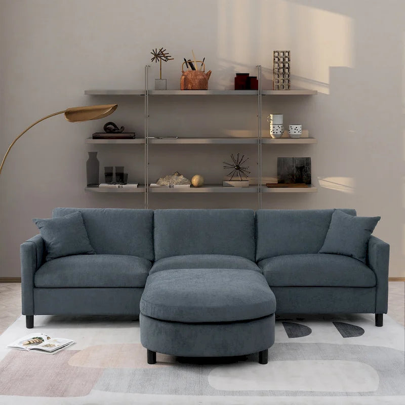 Graues 107.87 Langes 4-Sitzer-Ecksofa mit abnehmbaren Kissen, beweglicher Ottomane und Aufbewahrungstasche an der Armlehne