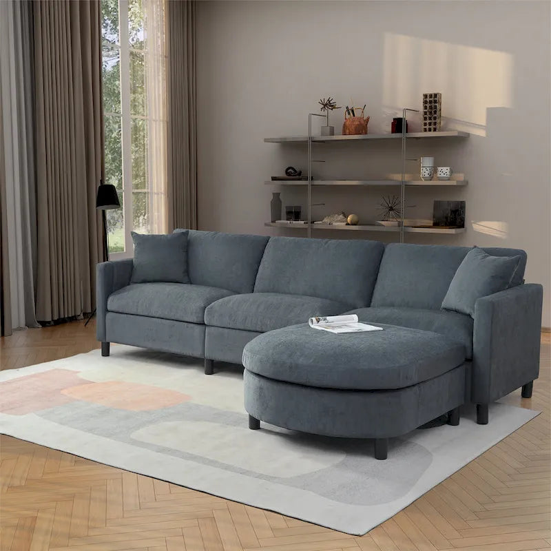 Graues 107.87 Langes 4-Sitzer-Ecksofa mit abnehmbaren Kissen, beweglicher Ottomane und Aufbewahrungstasche an der Armlehne