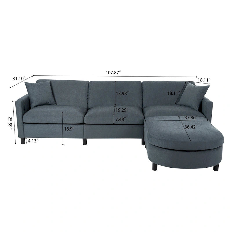Graues 107.87 Langes 4-Sitzer-Ecksofa mit abnehmbaren Kissen, beweglicher Ottomane und Aufbewahrungstasche an der Armlehne
