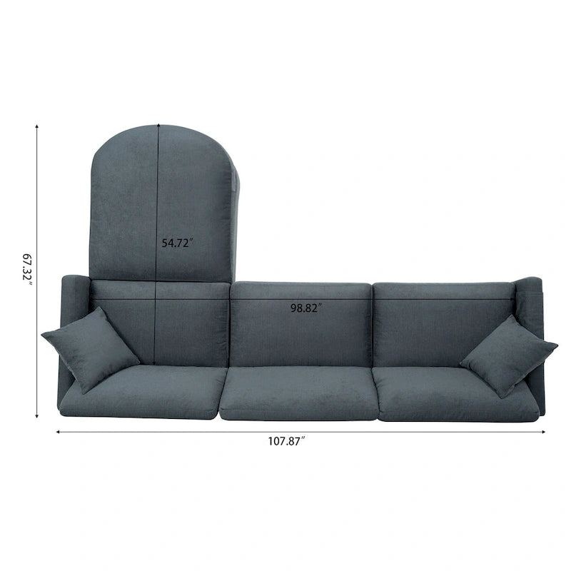 Graues 107.87 Langes 4-Sitzer-Ecksofa mit abnehmbaren Kissen, beweglicher Ottomane und Aufbewahrungstasche an der Armlehne