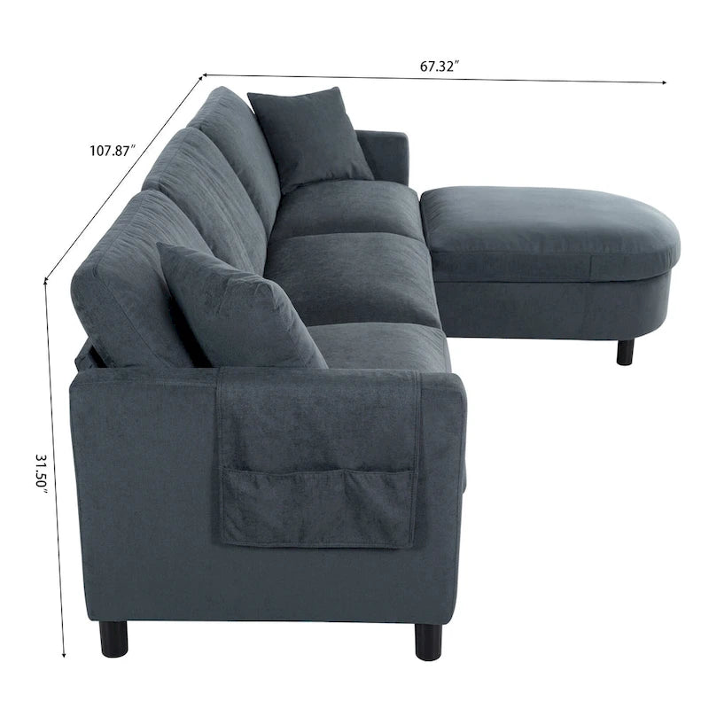 Graues 107.87 Langes 4-Sitzer-Ecksofa mit abnehmbaren Kissen, beweglicher Ottomane und Aufbewahrungstasche an der Armlehne