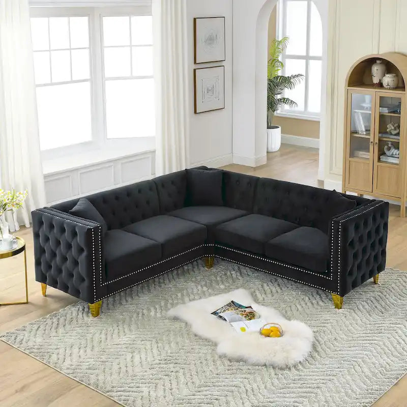 Schwarzes 82,2 Samt Chesterfield L-förmiges 5-Sitzer Sofa mit Nagelbesatz und getufteten Kissen