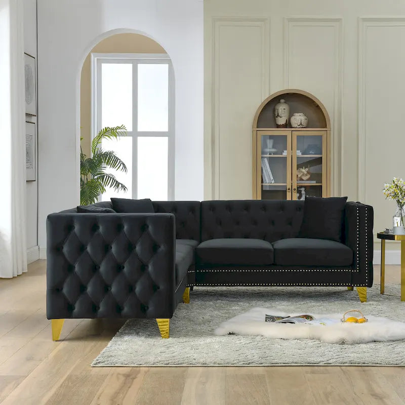 Schwarzes 82,2 Samt Chesterfield L-förmiges 5-Sitzer Sofa mit Nagelbesatz und getufteten Kissen
