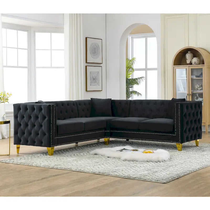Schwarzes 82,2 Samt Chesterfield L-förmiges 5-Sitzer Sofa mit Nagelbesatz und getufteten Kissen