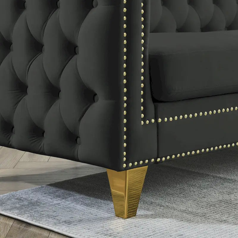 Schwarzes 82,2 Samt Chesterfield L-förmiges 5-Sitzer Sofa mit Nagelbesatz und getufteten Kissen