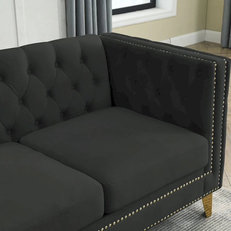 Schwarzes 82,2 Samt Chesterfield L-förmiges 5-Sitzer Sofa mit Nagelbesatz und getufteten Kissen
