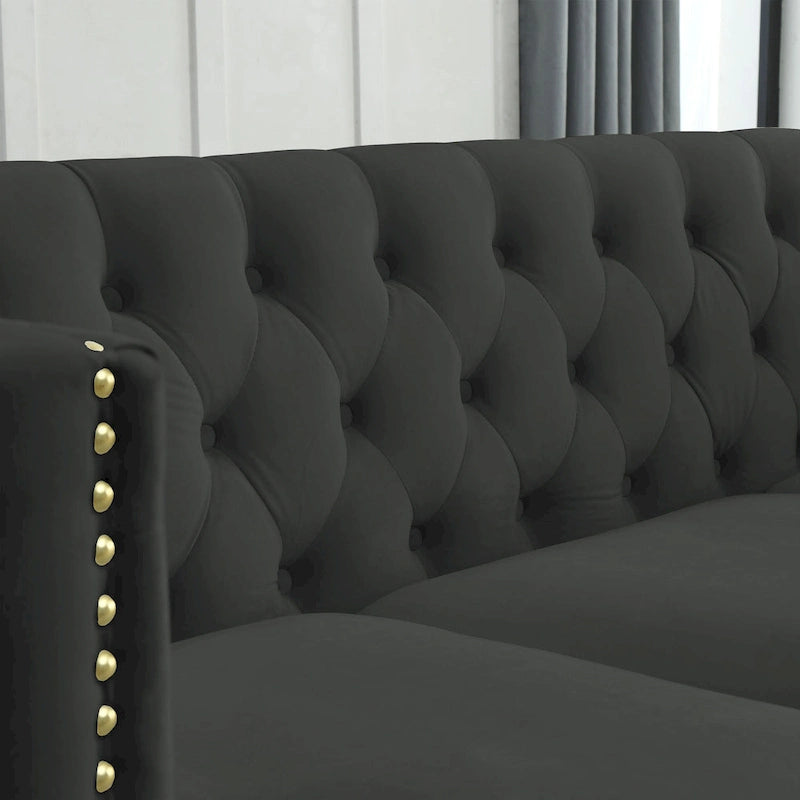 Schwarzes 82,2 Samt Chesterfield L-förmiges 5-Sitzer Sofa mit Nagelbesatz und getufteten Kissen