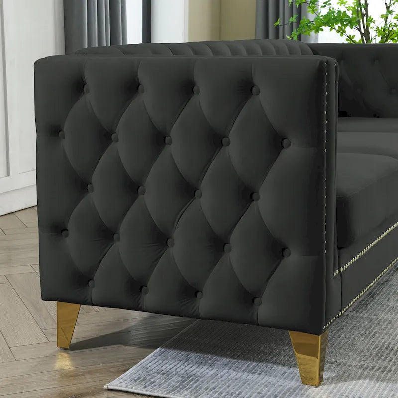Schwarzes 82,2 Samt Chesterfield L-förmiges 5-Sitzer Sofa mit Nagelbesatz und getufteten Kissen