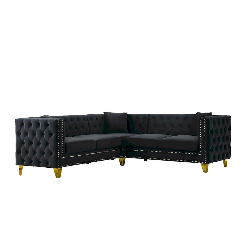 Schwarzes 82,2 Samt Chesterfield L-förmiges 5-Sitzer Sofa mit Nagelbesatz und getufteten Kissen