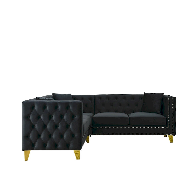 Schwarzes 82,2 Samt Chesterfield L-förmiges 5-Sitzer Sofa mit Nagelbesatz und getufteten Kissen