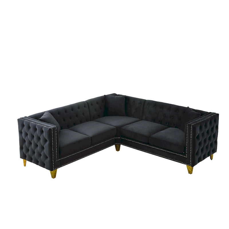 Schwarzes 82,2 Samt Chesterfield L-förmiges 5-Sitzer Sofa mit Nagelbesatz und getufteten Kissen