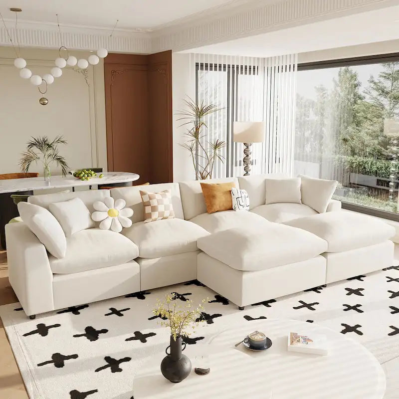 Beige 134.40 Modernes U-förmiges 6-Sitzer Ecksofa mit 2 großen Recamièren, abnehmbaren Hockern und weichen Kissen