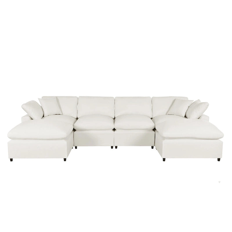 Beige 134.40 Modernes U-förmiges 6-Sitzer Ecksofa mit 2 großen Recamièren, abnehmbaren Hockern und weichen Kissen