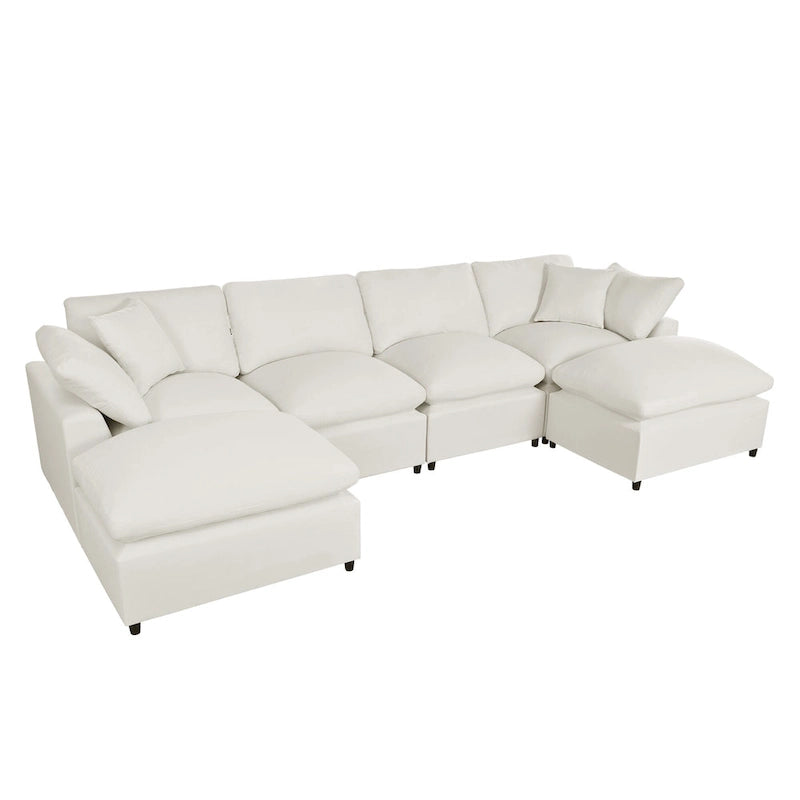 Beige 134.40 Modernes U-förmiges 6-Sitzer Ecksofa mit 2 großen Recamièren, abnehmbaren Hockern und weichen Kissen