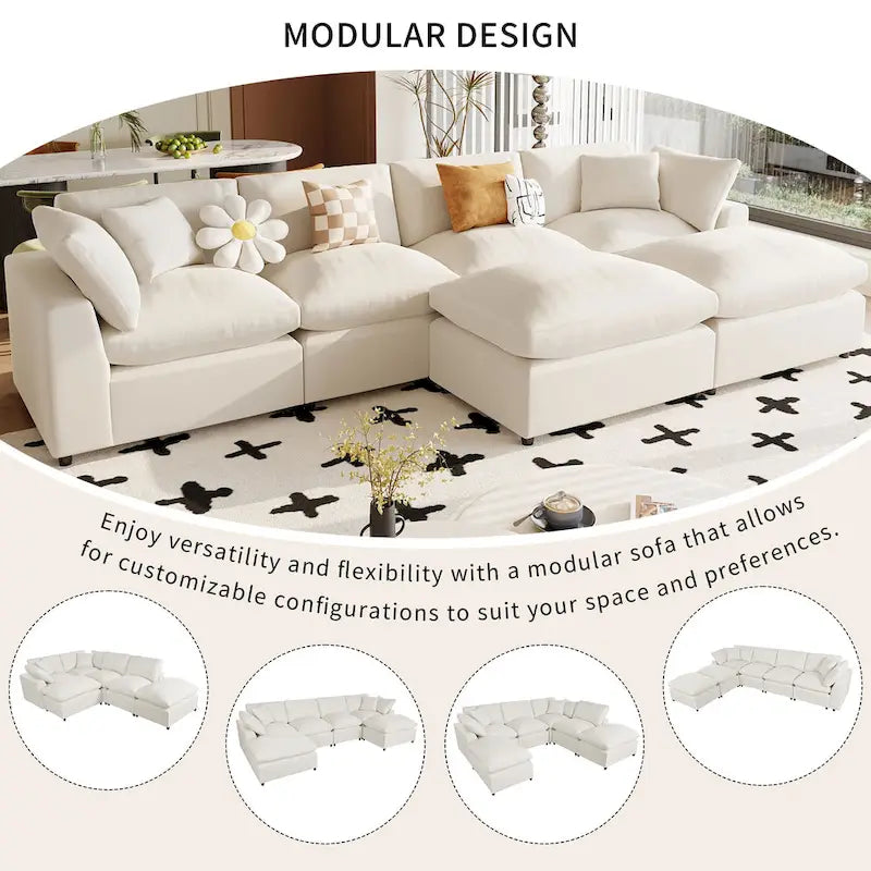 Beige 134.40 Modernes U-förmiges 6-Sitzer Ecksofa mit 2 großen Recamièren, abnehmbaren Hockern und weichen Kissen