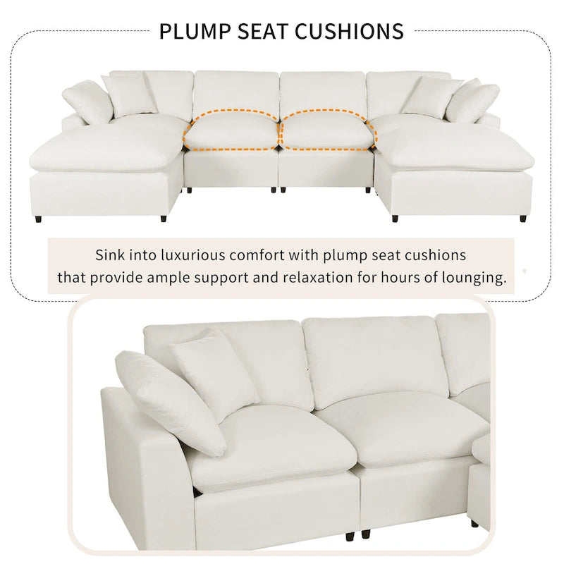Beige 134.40 Modernes U-förmiges 6-Sitzer Ecksofa mit 2 großen Recamièren, abnehmbaren Hockern und weichen Kissen