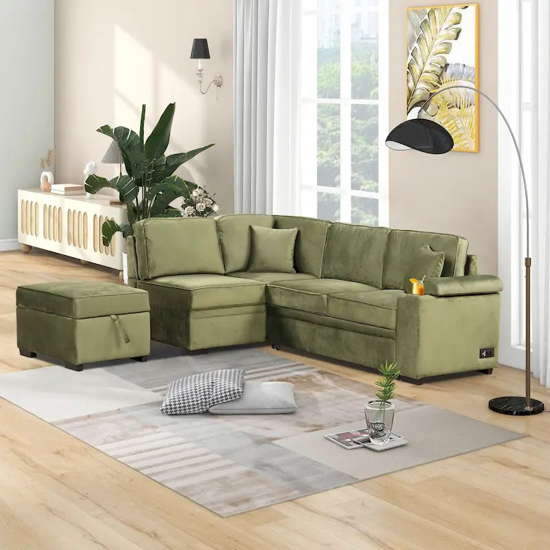 Grünes 84,75 L-förmiges 5-Sitzer-Schlafsofa mit Stauraum