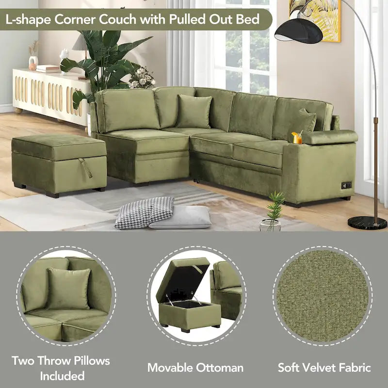 Grünes 84,75 L-förmiges 5-Sitzer-Schlafsofa mit Stauraum