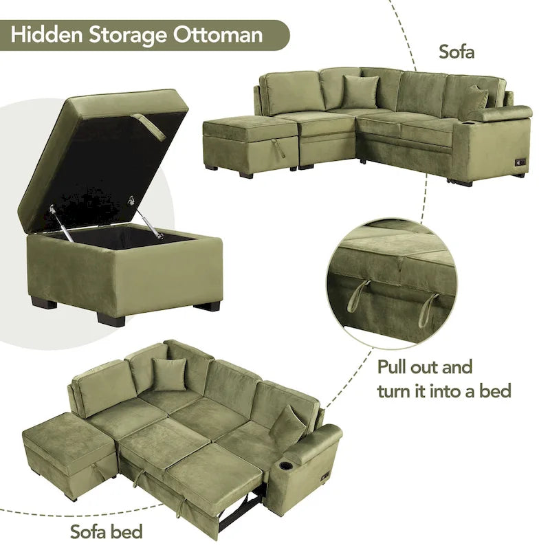 Grünes 84,75 L-förmiges 5-Sitzer-Schlafsofa mit Stauraum