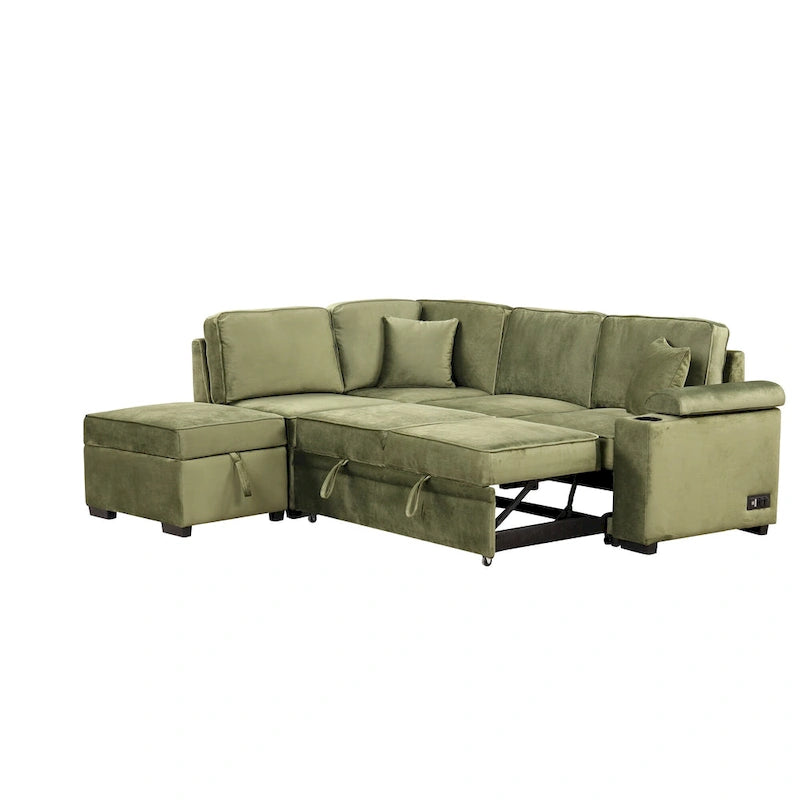 Grünes 84,75 L-förmiges 5-Sitzer-Schlafsofa mit Stauraum