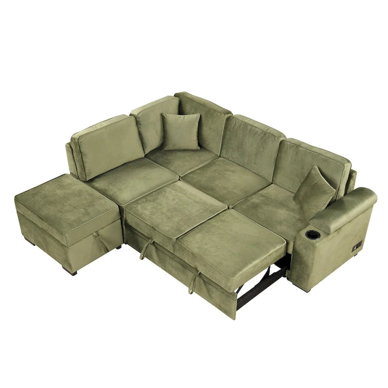 Grünes 84,75 L-förmiges 5-Sitzer-Schlafsofa mit Stauraum