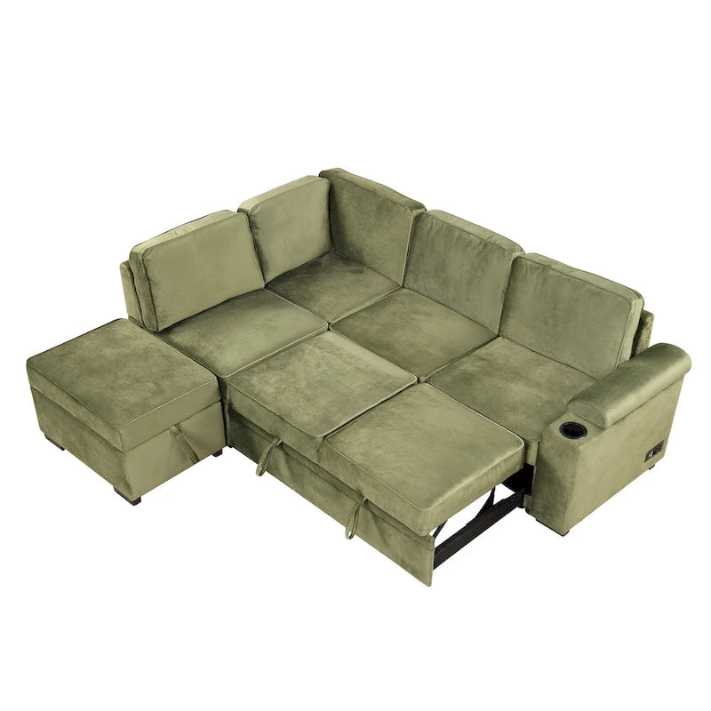 Grünes 84,75 L-förmiges 5-Sitzer-Schlafsofa mit Stauraum