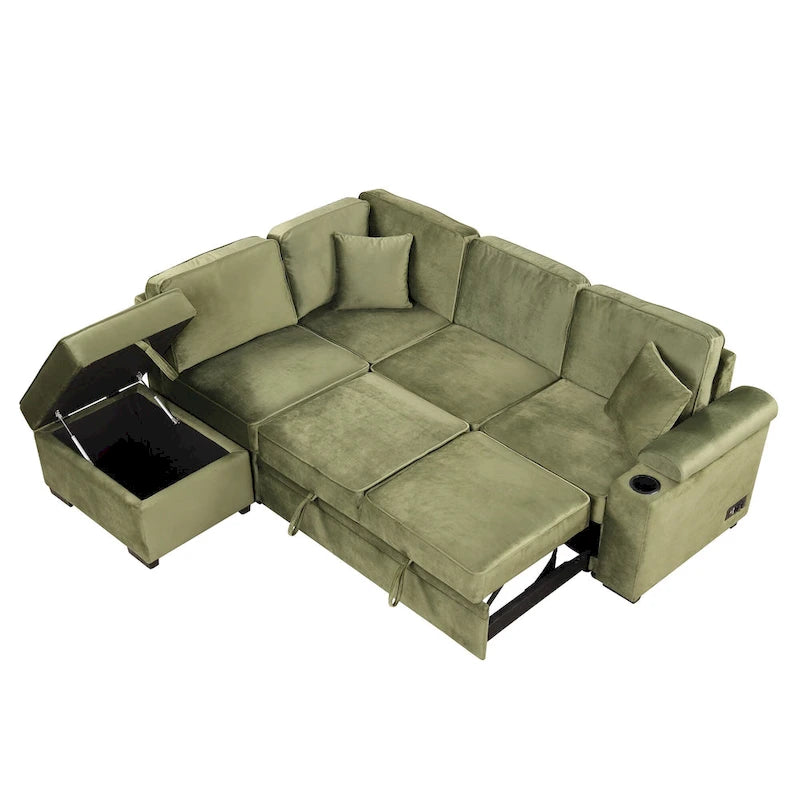 Grünes 84,75 L-förmiges 5-Sitzer-Schlafsofa mit Stauraum