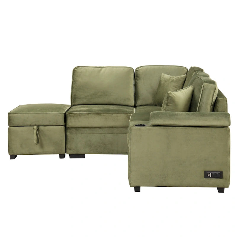 Grünes 84,75 L-förmiges 5-Sitzer-Schlafsofa mit Stauraum