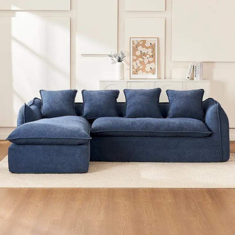 Blaues 106,3" überdimensioniertes L-förmiges 3-Sitzer-Schnittsofa mit Chaiselongue, 4 Zierkissen und stilvollem modularem Aufbau