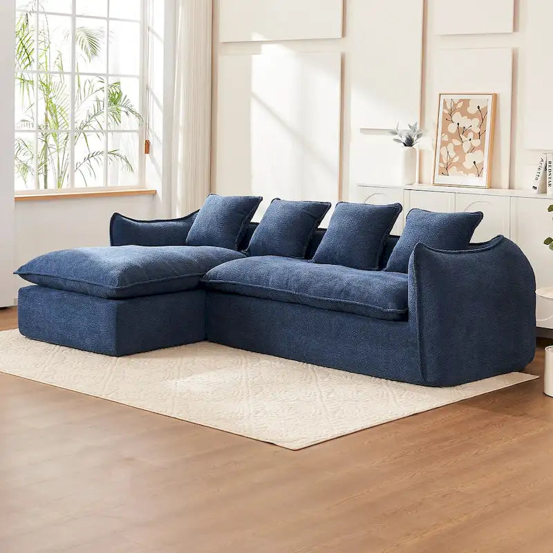 Blaues 106,3" überdimensioniertes L-förmiges 3-Sitzer-Schnittsofa mit Chaiselongue, 4 Zierkissen und stilvollem modularem Aufbau