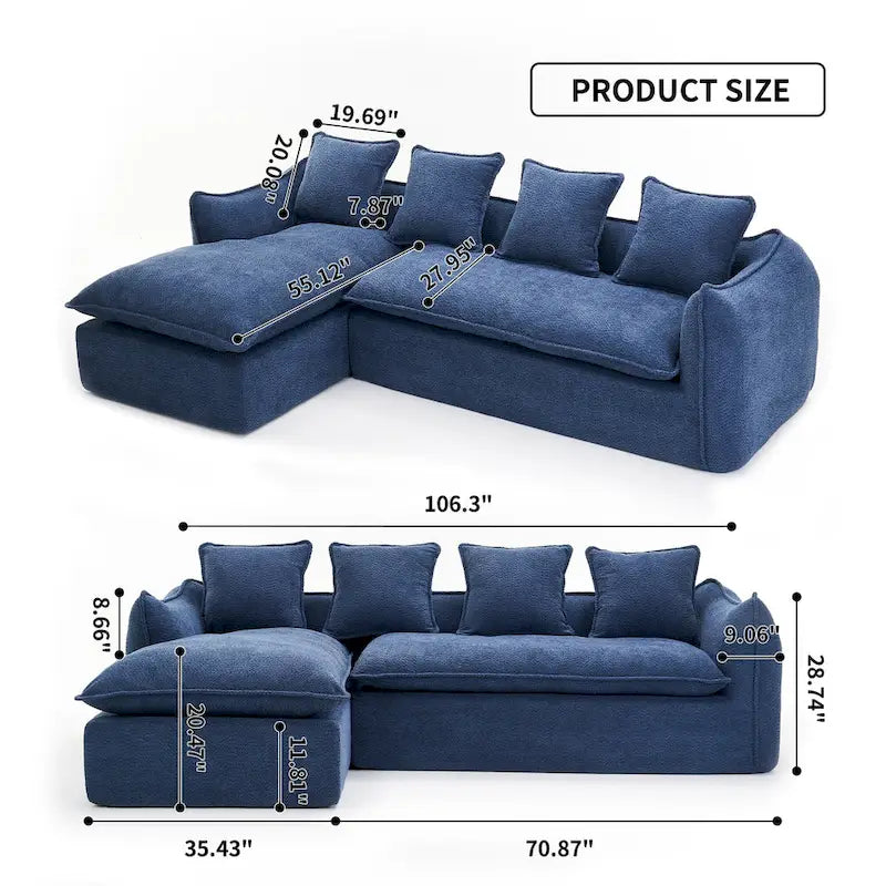 Blaues 106,3" überdimensioniertes L-förmiges 3-Sitzer-Schnittsofa mit Chaiselongue, 4 Zierkissen und stilvollem modularem Aufbau