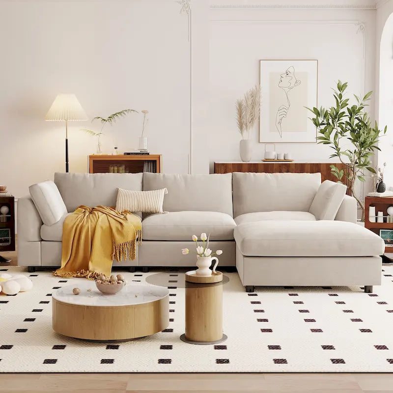 Beiges L-förmiges 4-Sitzer-Sofa 113 mit verstellbarer Fußstütze und umstellbarer Recamiere