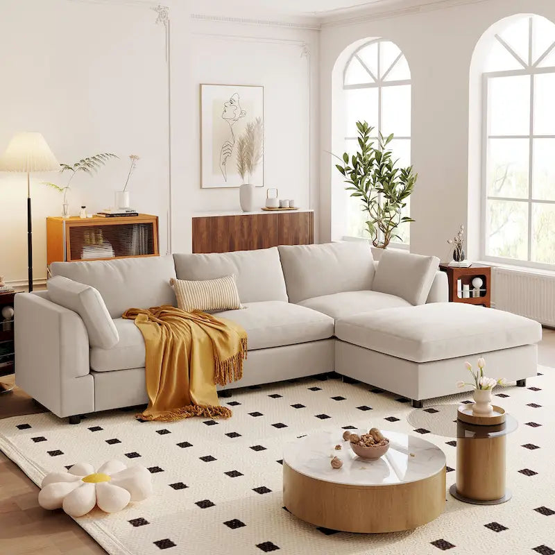 Beiges L-förmiges 4-Sitzer-Sofa 113 mit verstellbarer Fußstütze und umstellbarer Recamiere