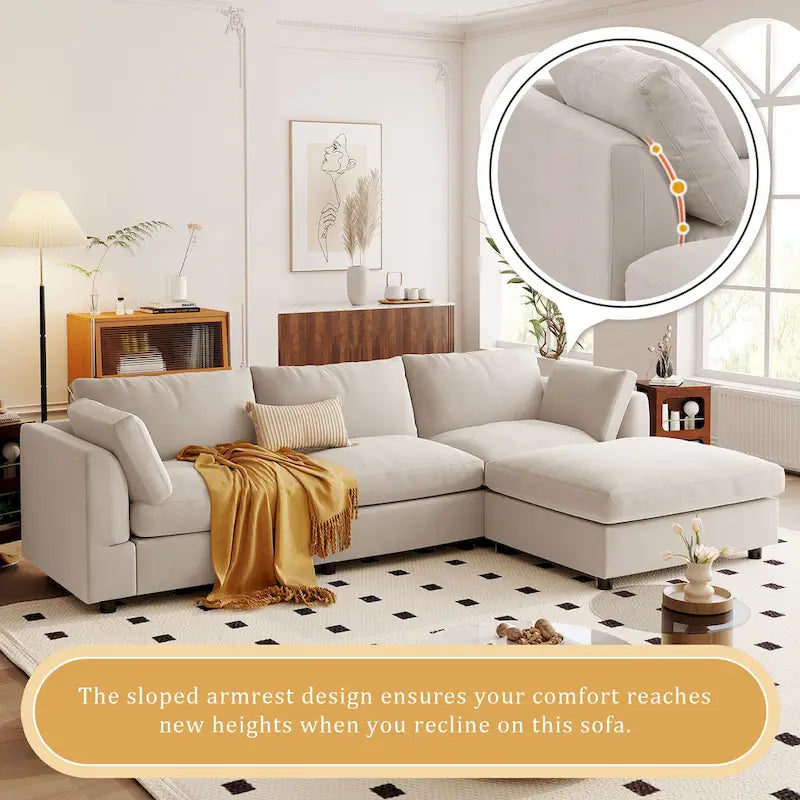 Beiges L-förmiges 4-Sitzer-Sofa 113 mit verstellbarer Fußstütze und umstellbarer Recamiere