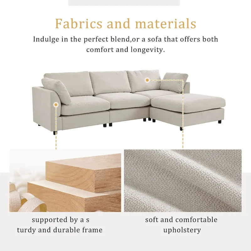 Beiges L-förmiges 4-Sitzer-Sofa 113 mit verstellbarer Fußstütze und umstellbarer Recamiere