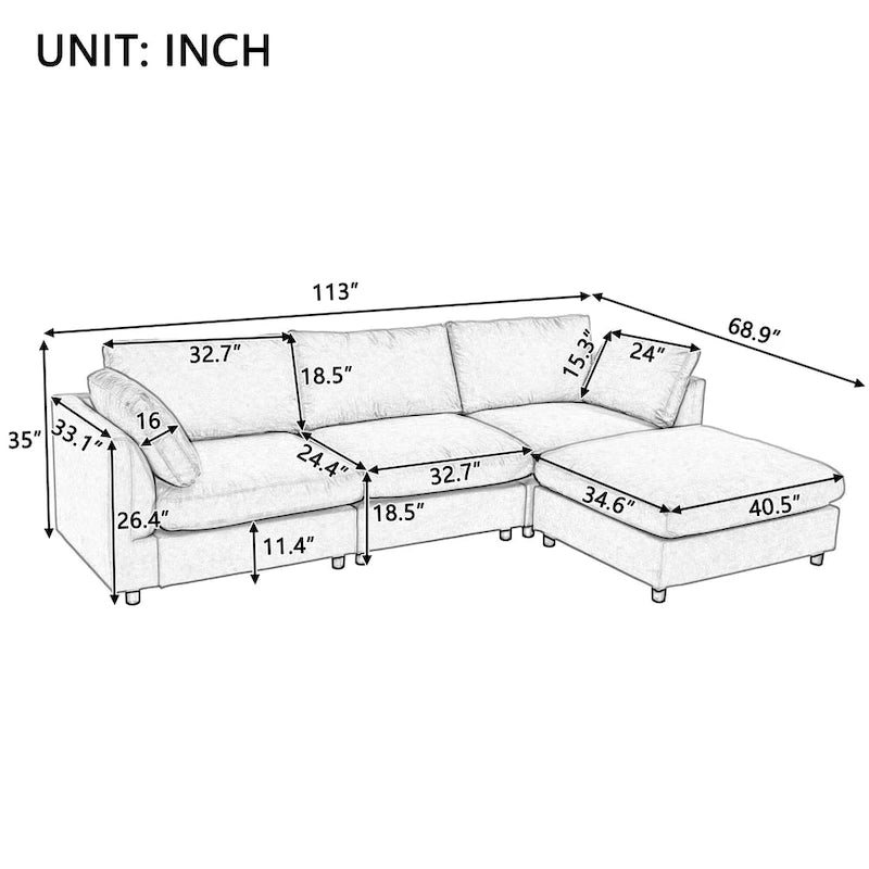Beiges L-förmiges 4-Sitzer-Sofa 113 mit verstellbarer Fußstütze und umstellbarer Recamiere