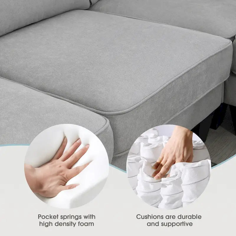Graues 108 Geräumiges U-förmiges 7-Sitzer Sofa-Set mit 3 Kissen und Chaiselongue, ideal für Wohnzimmer oder Apartment