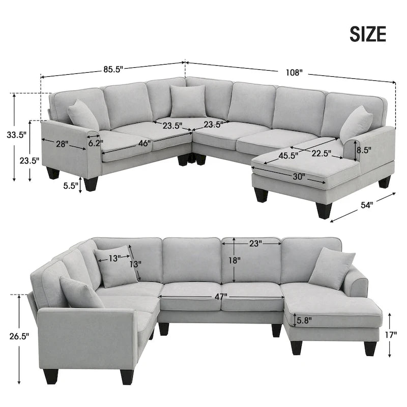 Graues 108 Geräumiges U-förmiges 7-Sitzer Sofa-Set mit 3 Kissen und Chaiselongue, ideal für Wohnzimmer oder Apartment