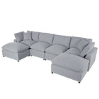 134.40 Modernes U-förmiges 6-Sitzer Ecksofa mit 2 großen Chaises, abnehmbaren Hockern und weichen Kissen