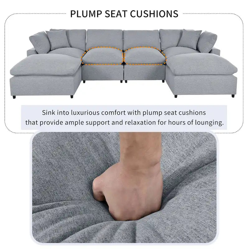 134.40 Modernes U-förmiges 6-Sitzer Ecksofa mit 2 großen Chaises, abnehmbaren Hockern und weichen Kissen