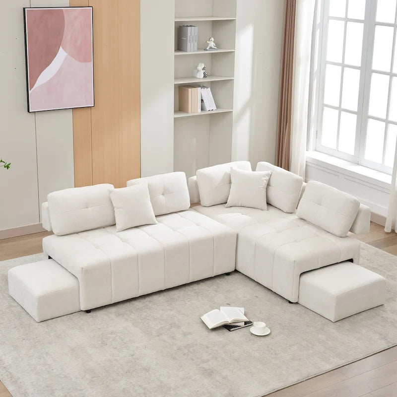 91.73 L-Shaped 4-Seat Sectional Sofa with 2 Hidden Stools, 2 Removable Lumbar Cushions, and Durable Chenille Fabric