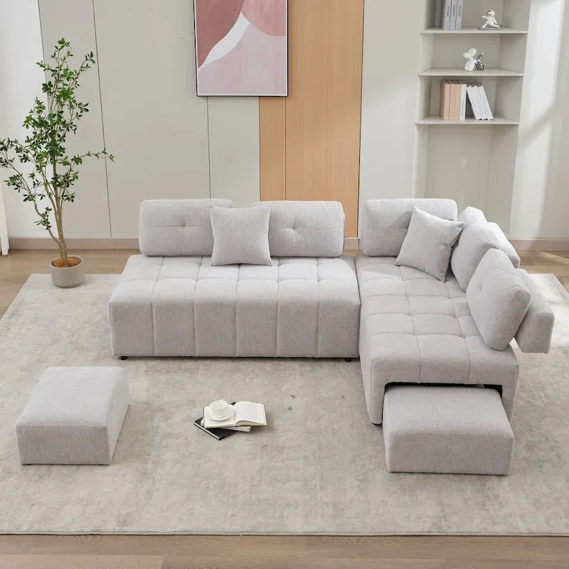 91.73 L-förmiges 4-Sitzer Ecksofa mit 2 versteckten Hockern, 2 abnehmbaren Lendenkissen und strapazierfähigem Chenille-Stoff