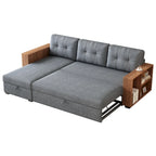 Graues 84er Ecksofa mit 3 Sitzen, Stauraum-Récamiere, ausziehbarem Schlafsofa und eleganten Holzarmlehnen