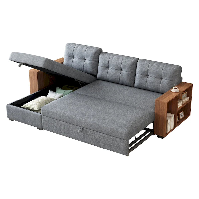 Graues 84er Ecksofa mit 3 Sitzen, Stauraum-Récamiere, ausziehbarem Schlafsofa und eleganten Holzarmlehnen