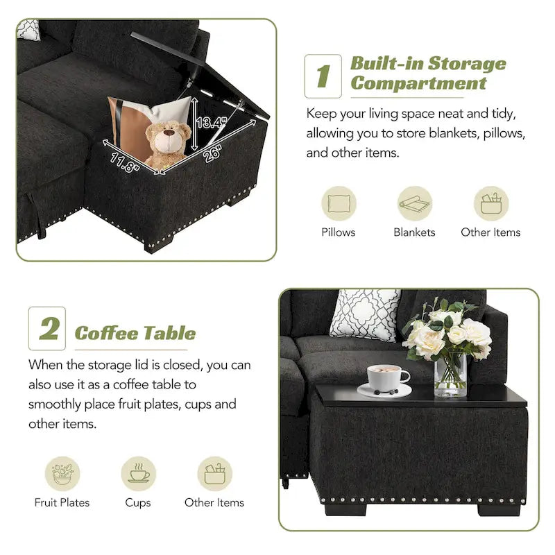 83.8 L-förmiges 4-Sitzer Sektionalsofa mit Ausziehbett, Stauraum-Recamiere, USB-Anschlüssen, Steckdosen und Getränkehaltern