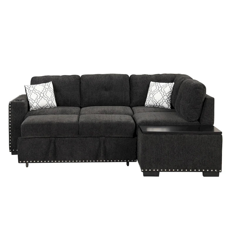 83.8 L-förmiges 4-Sitzer Sektionalsofa mit Ausziehbett, Stauraum-Recamiere, USB-Anschlüssen, Steckdosen und Getränkehaltern