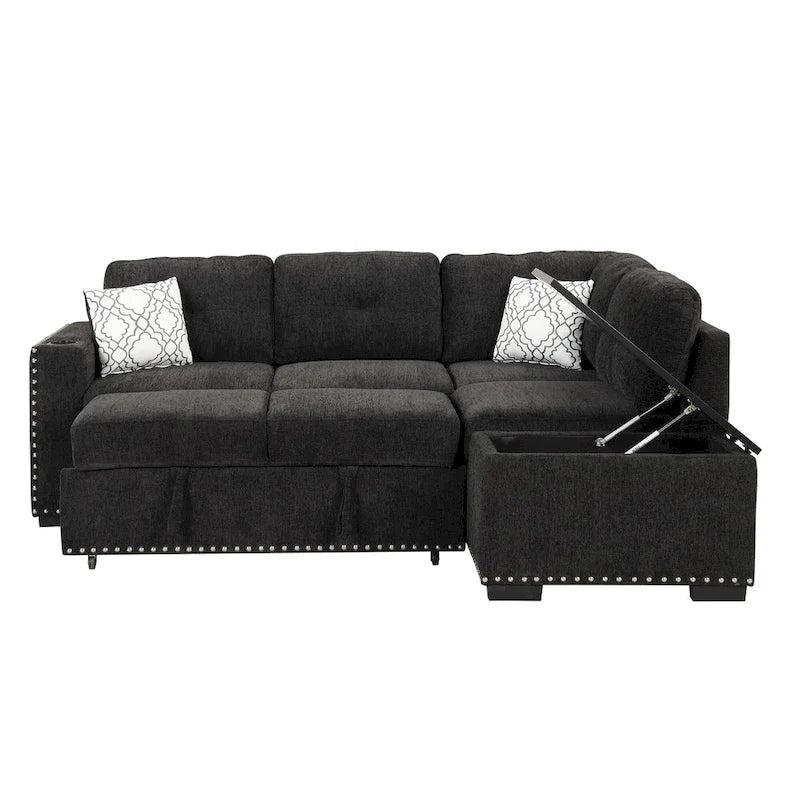 83.8 L-förmiges 4-Sitzer Sektionalsofa mit Ausziehbett, Stauraum-Recamiere, USB-Anschlüssen, Steckdosen und Getränkehaltern