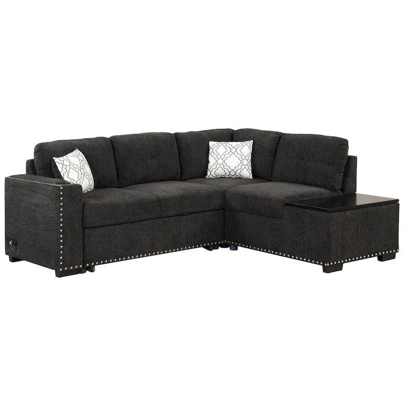 83.8 L-förmiges 4-Sitzer Sektionalsofa mit Ausziehbett, Stauraum-Recamiere, USB-Anschlüssen, Steckdosen und Getränkehaltern
