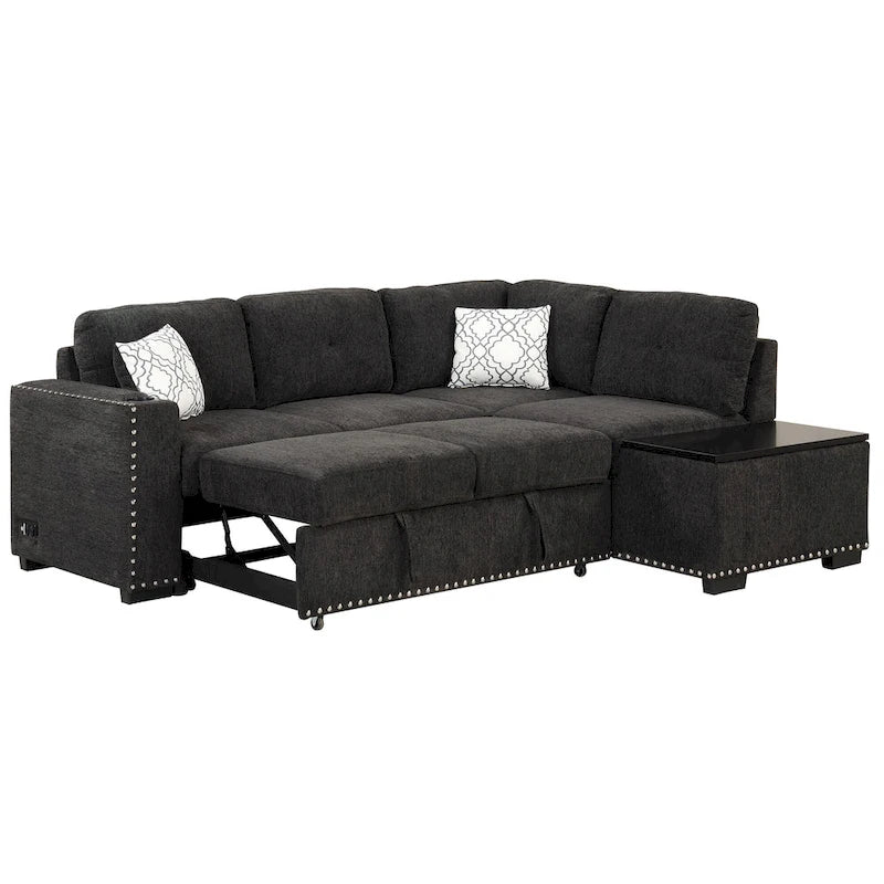 83.8 L-förmiges 4-Sitzer Sektionalsofa mit Ausziehbett, Stauraum-Recamiere, USB-Anschlüssen, Steckdosen und Getränkehaltern