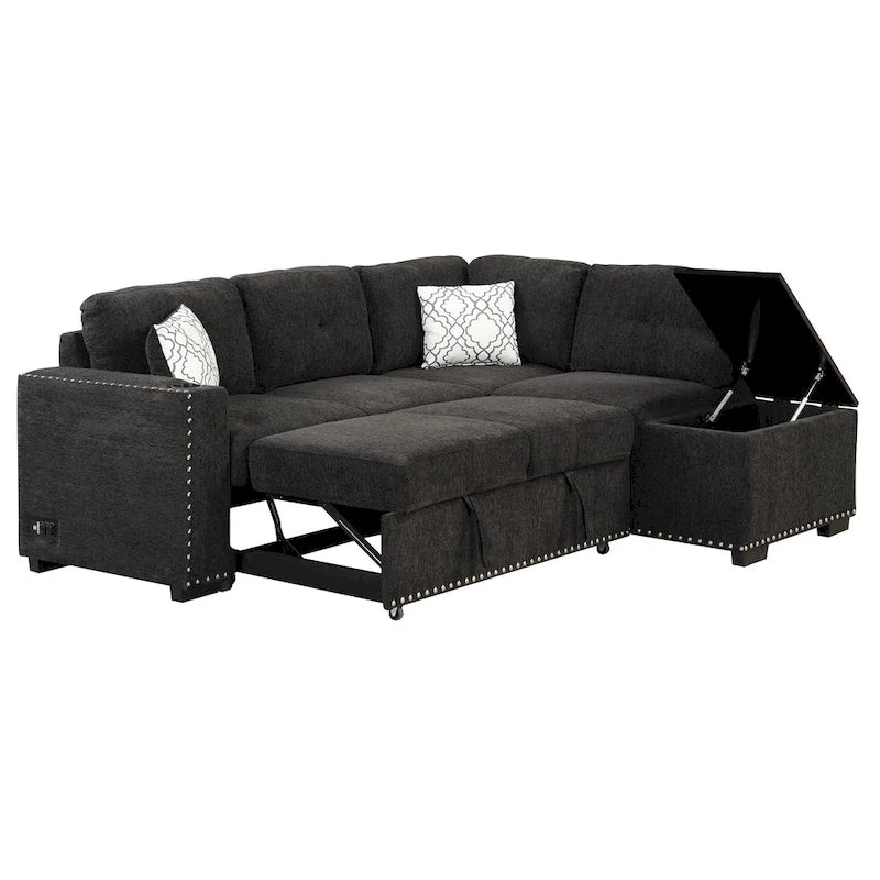 83.8 L-förmiges 4-Sitzer Sektionalsofa mit Ausziehbett, Stauraum-Recamiere, USB-Anschlüssen, Steckdosen und Getränkehaltern